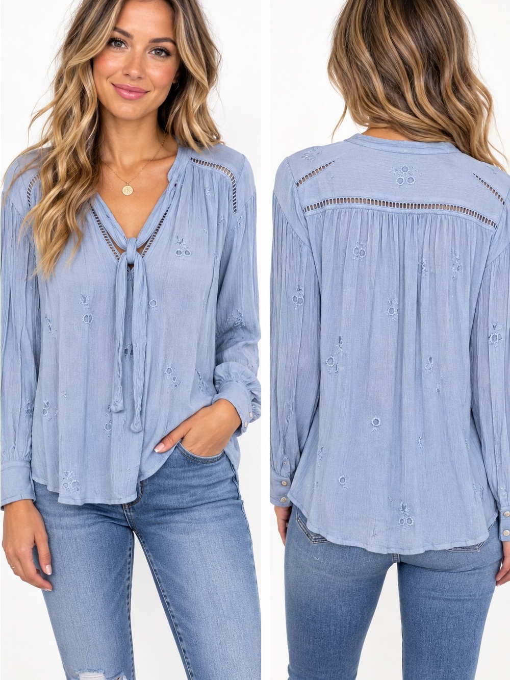 Free People Dusty Blue Eyelet Tie-Front Peasant Blouse